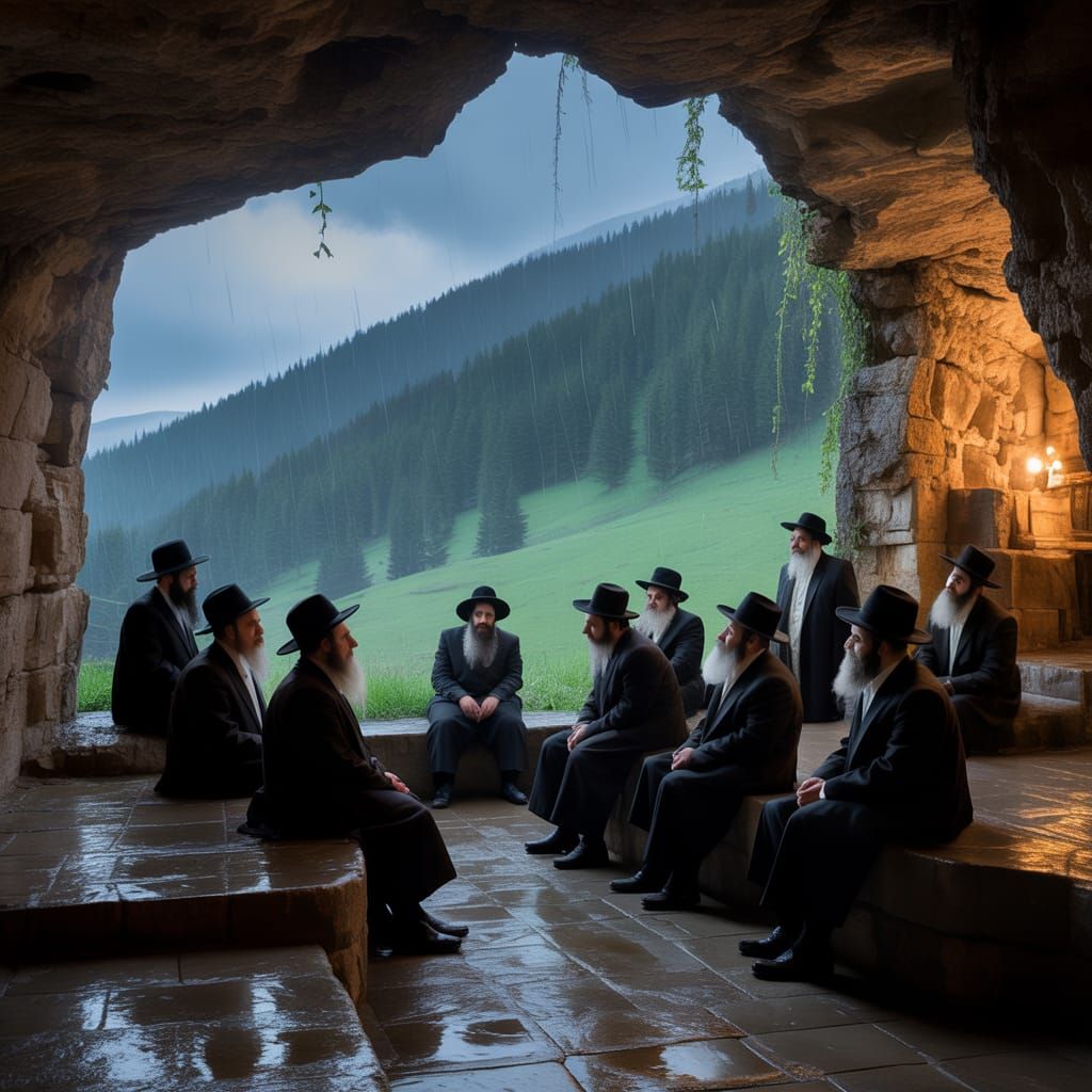 Hasidic Men in Cave Amidst Mountain Storm