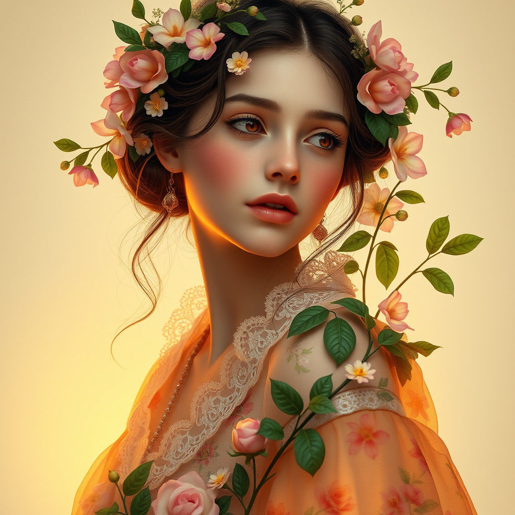Ethereal Flower Girl Portrait in Art Nouveau Style
