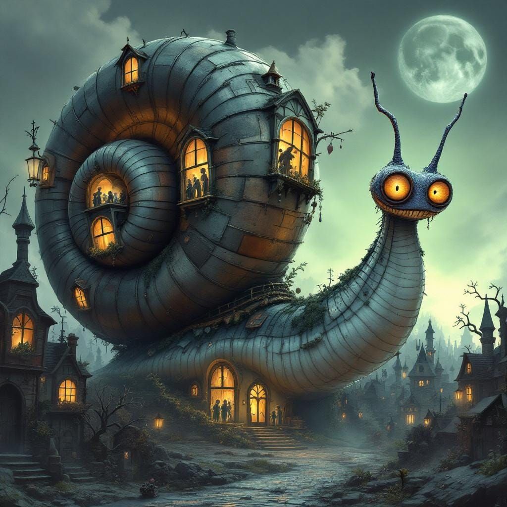 Giant Snail in Gothic Town: Tim Burton Illustration