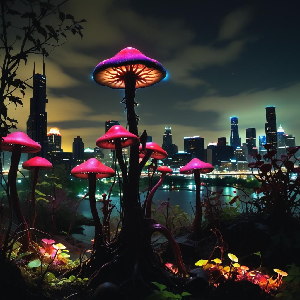 Minneapolis Skyline Under Alien Bloom: Surreal Dark Fantasy
