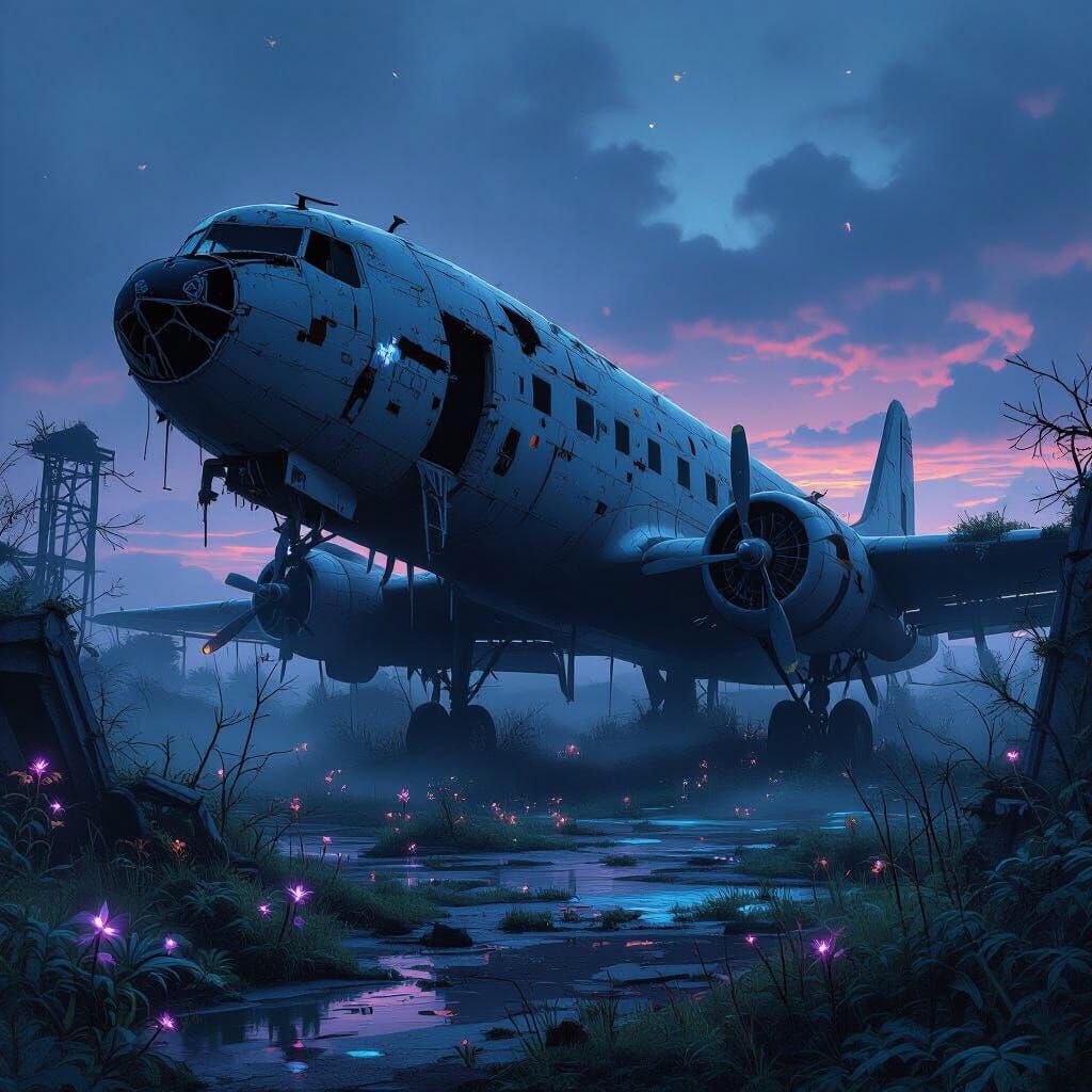 Retro-Futuristic Airplane Graveyard in Twilight