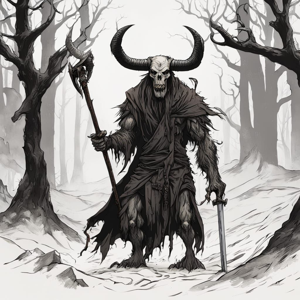 Surreal Wendigo Minotaur Meets Grim Reaper