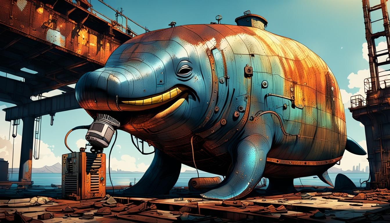 Cartoon Whale with Air Compressor: Dieselpunk Illustration