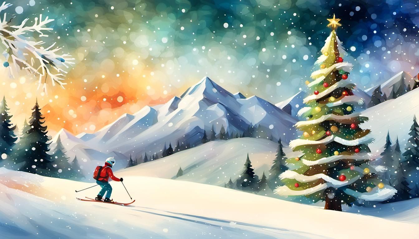 Vibrant Christmas Winter Wonderland Scene with Skier