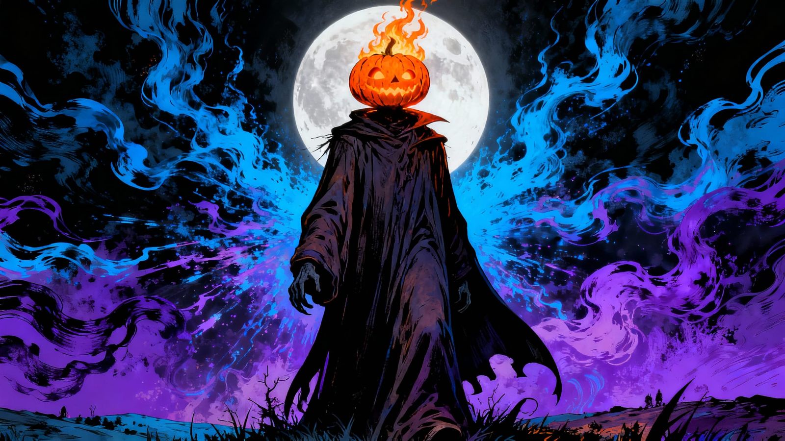 Creepy Cloaked Figure with Glowing Pumpkin Head Under Full M...
