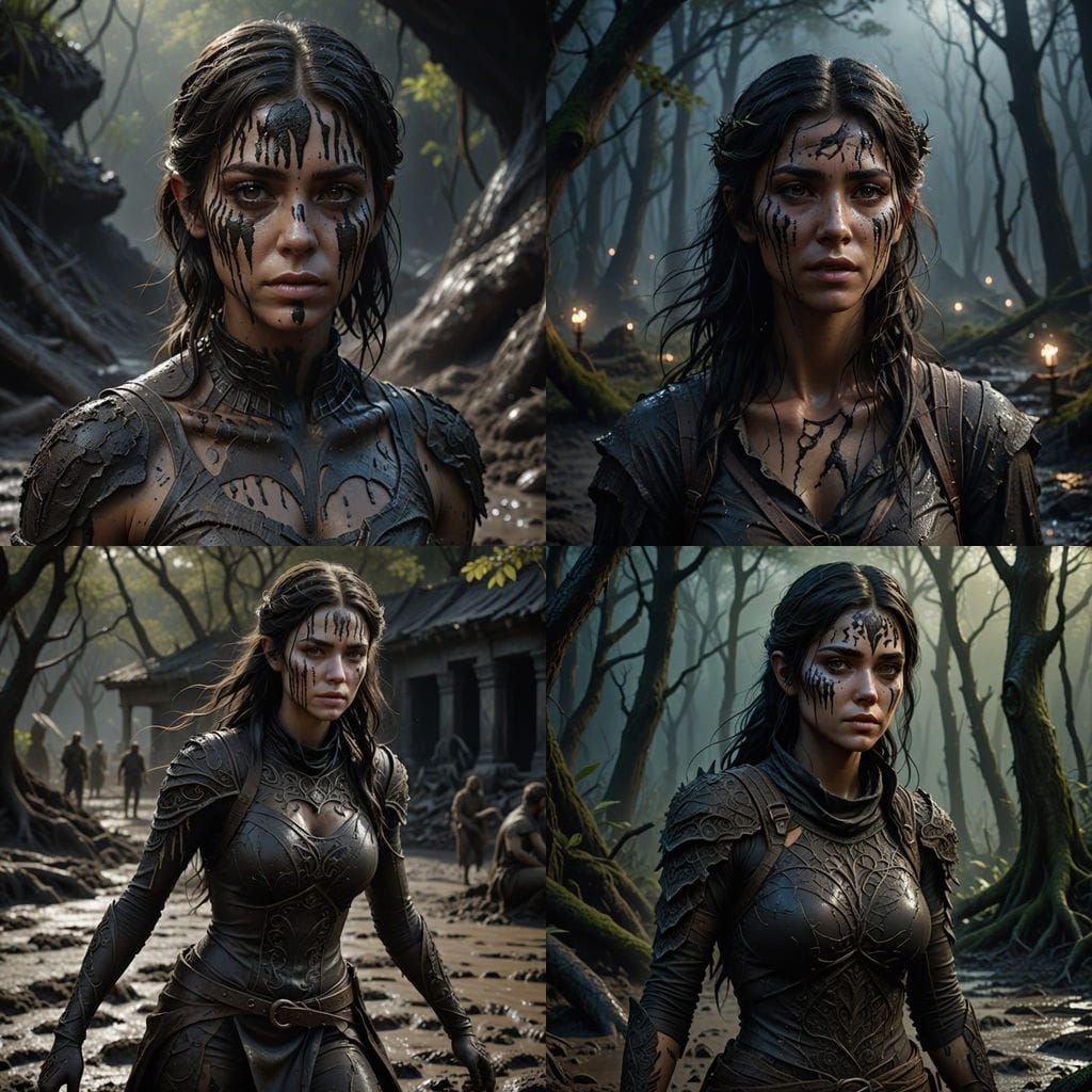 Dark-Haired Girl Covered in Mud, Fantasy Concept Art