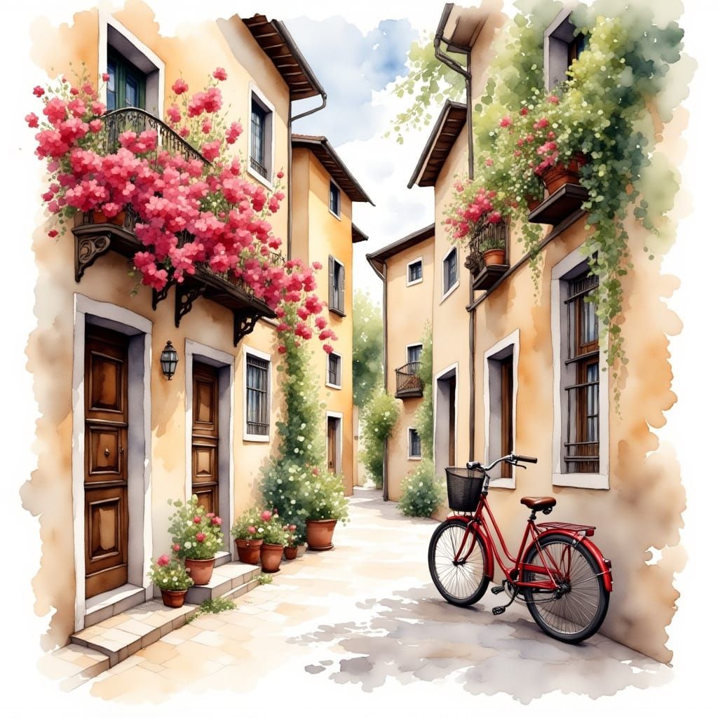 Italian Street Scene with Bougainvillea in Watercolor