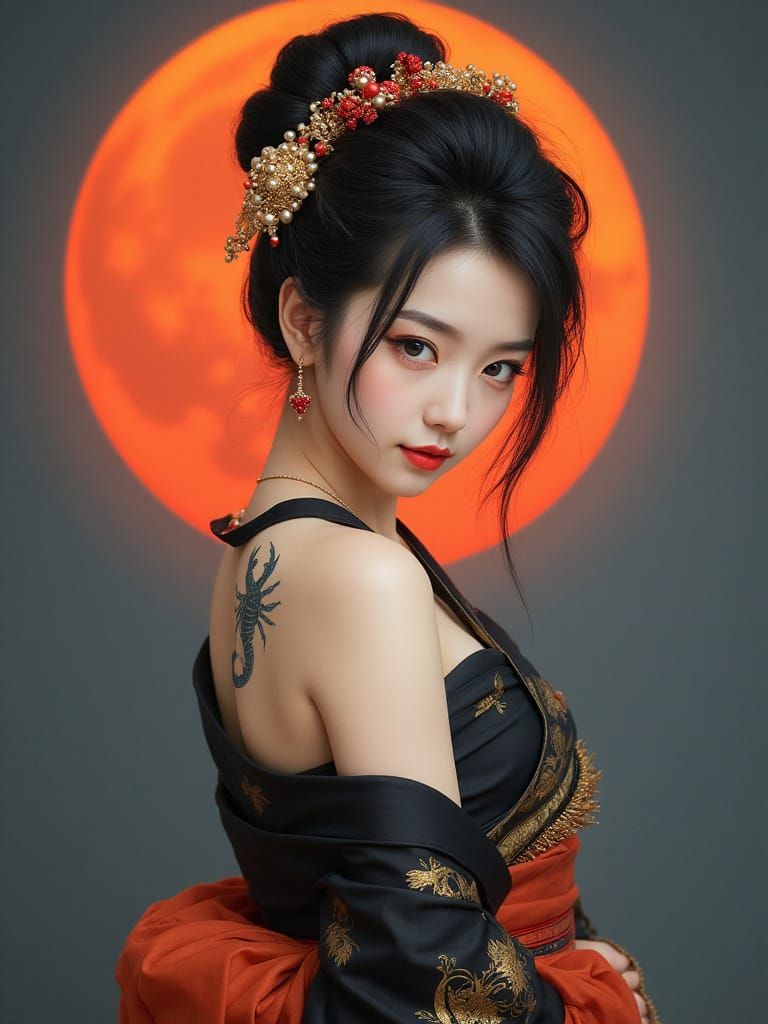 Geisha with Scorpion Tattoo in Traditional Asian Style