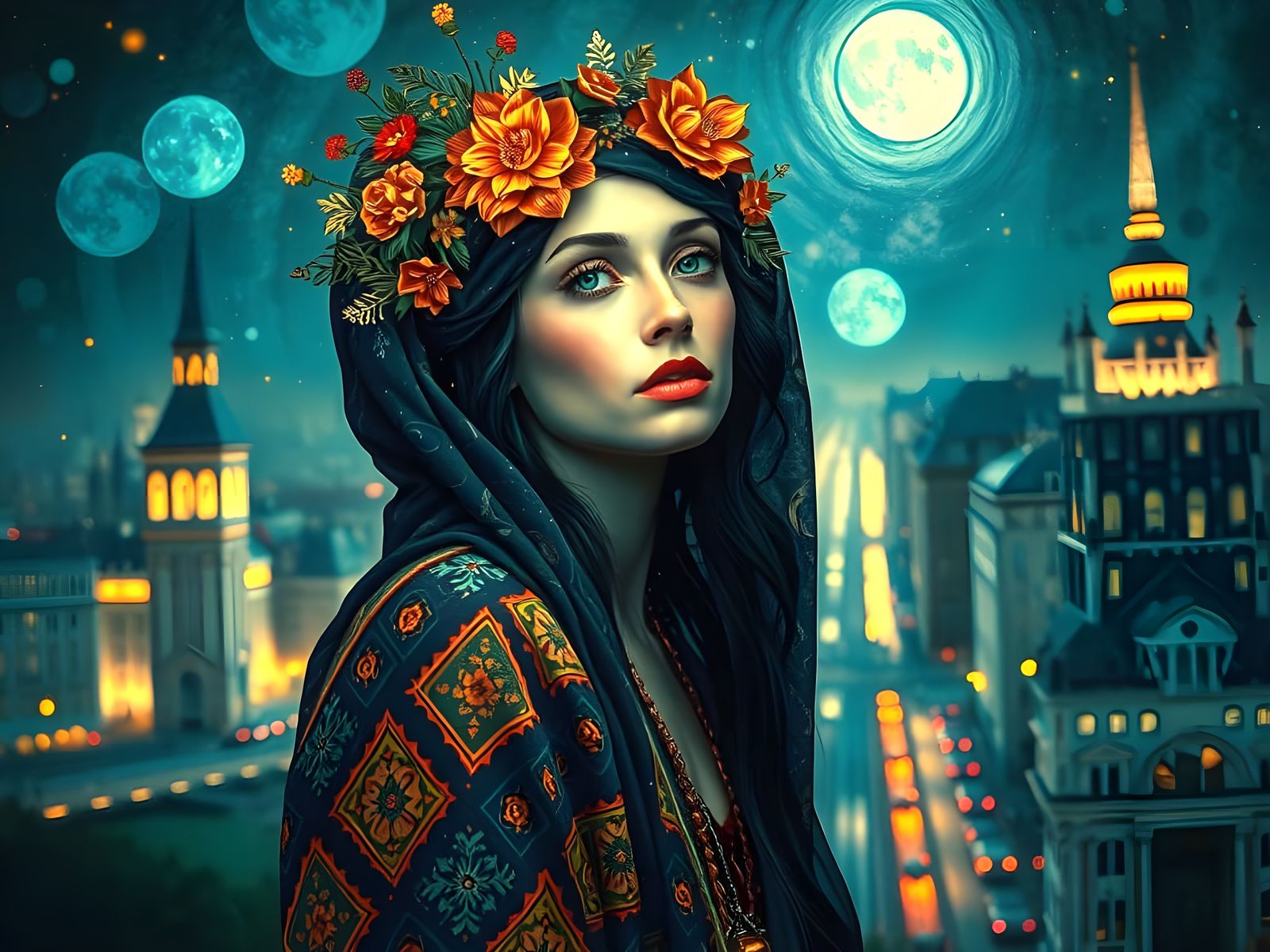 Gypsy in New York Cityscape at Night