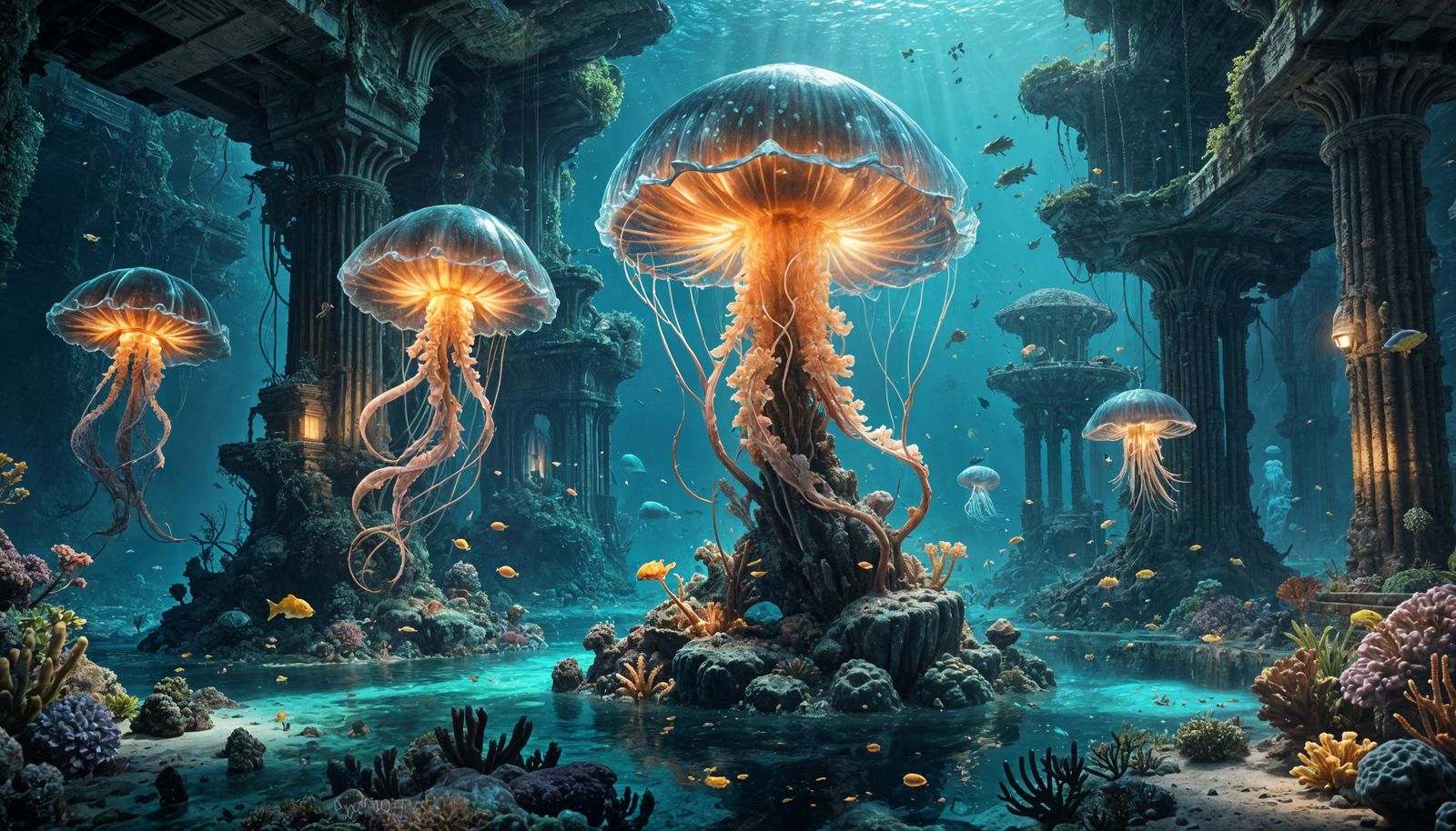 Ruined Underwater City with Bioluminescent Life