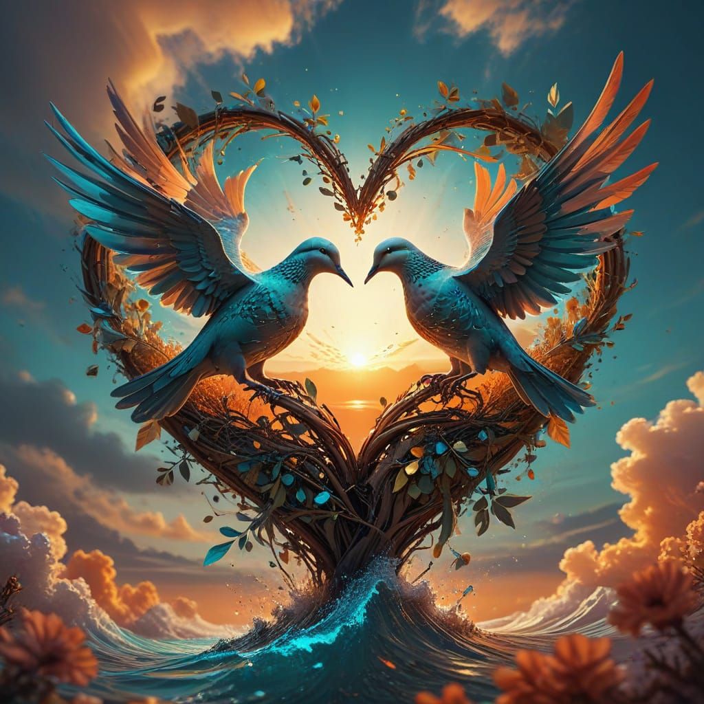 A pair of doves forming the shape of a heart as they fly together.
A dove carrying an olive branch through a glowing sun...