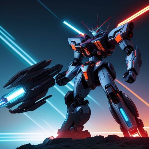 Mecha Robot on Hill in Anime Style