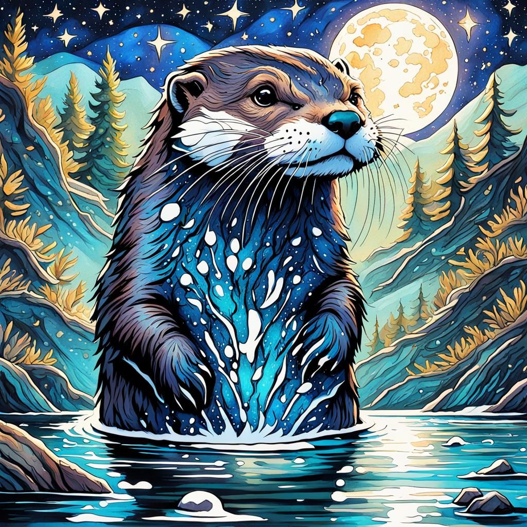 Gothic Otter Under Starry Night, Watercolor Painting