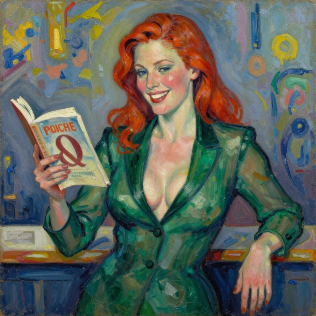 Smiling Woman Reading Romance Novel in Green Suit