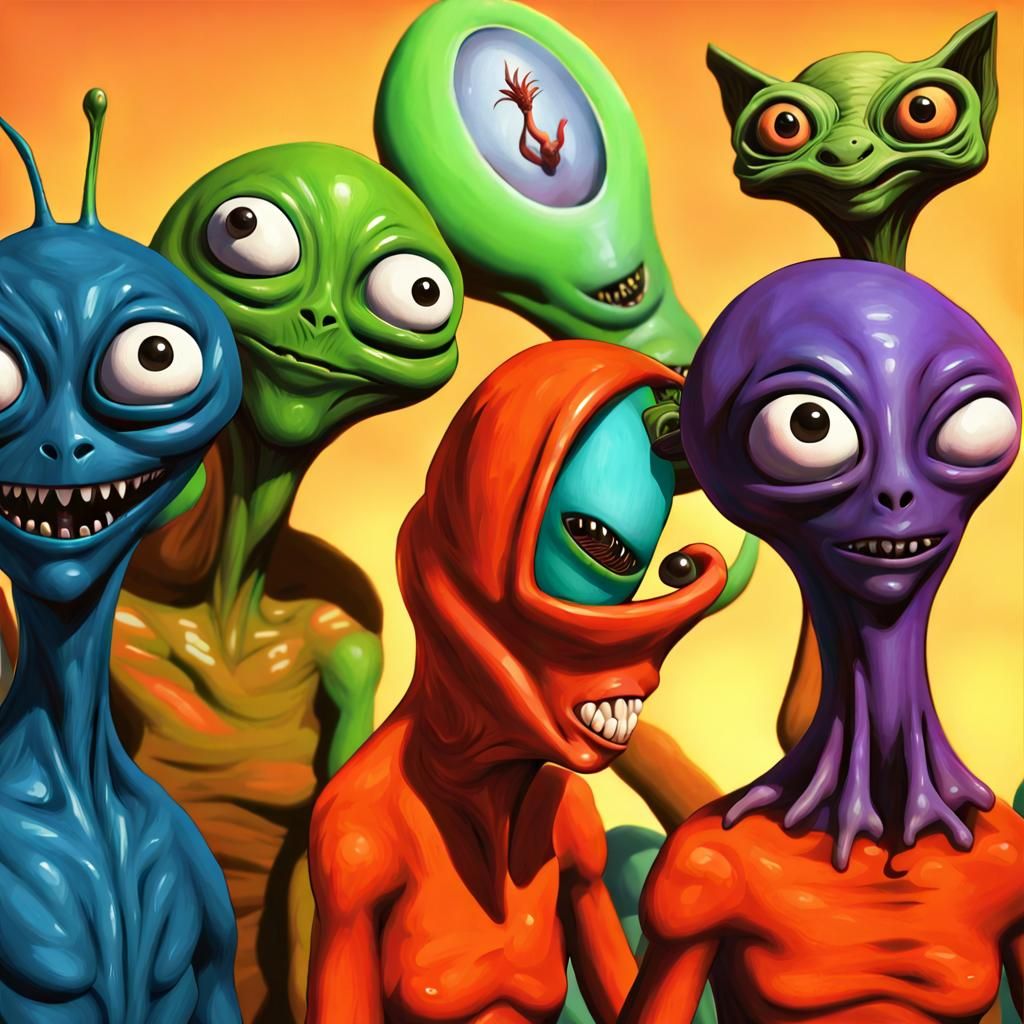 Surreal Alien Cartoon Characters in Oil Painting