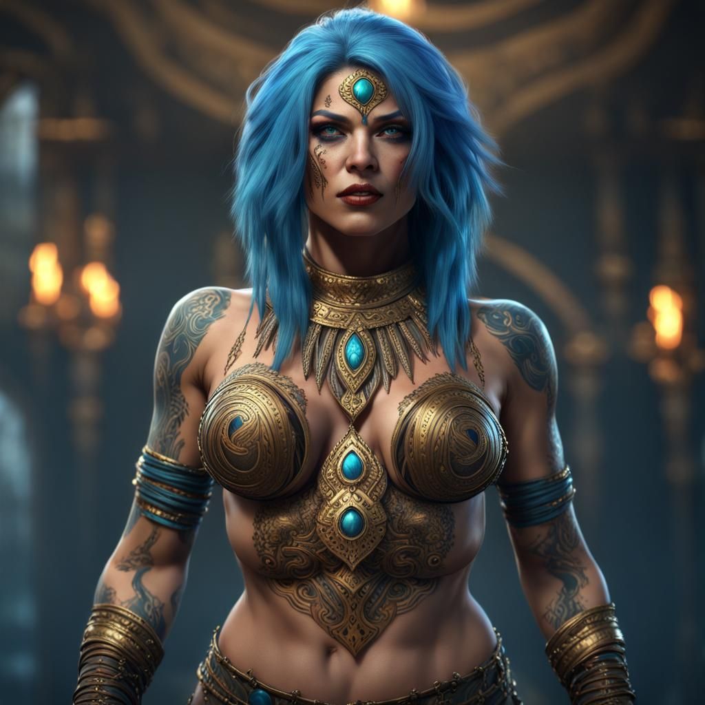 Strong Female Goliath Warrior with Tribal Tattoos
