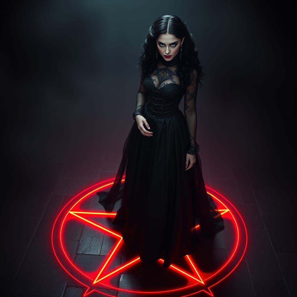 Gothic Vampire Goddess on Red Pentagram