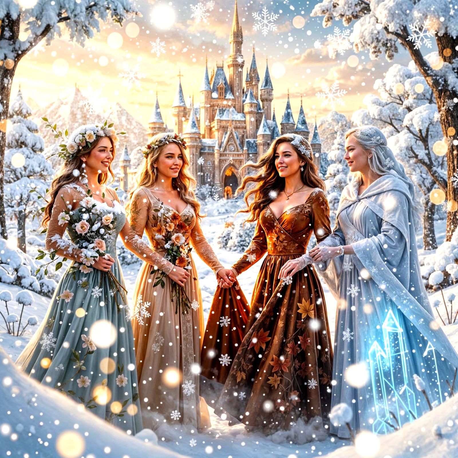 Four Seasons Women Holding Hands in Fantasy Winter