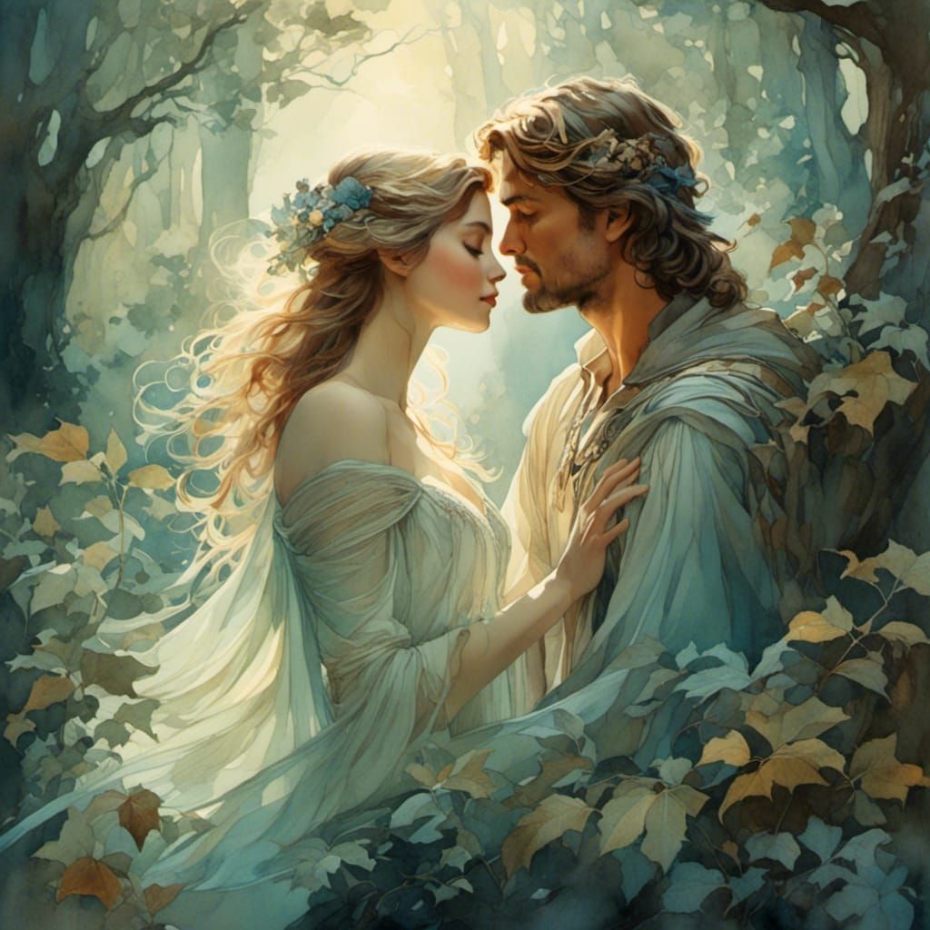 Romantic Couple in Mystical Forest, Watercolor Art