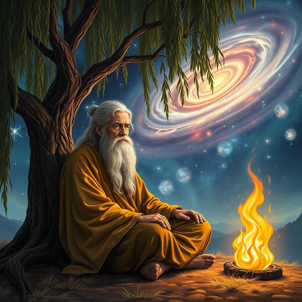 Introspective Old Man Under Starry Sky