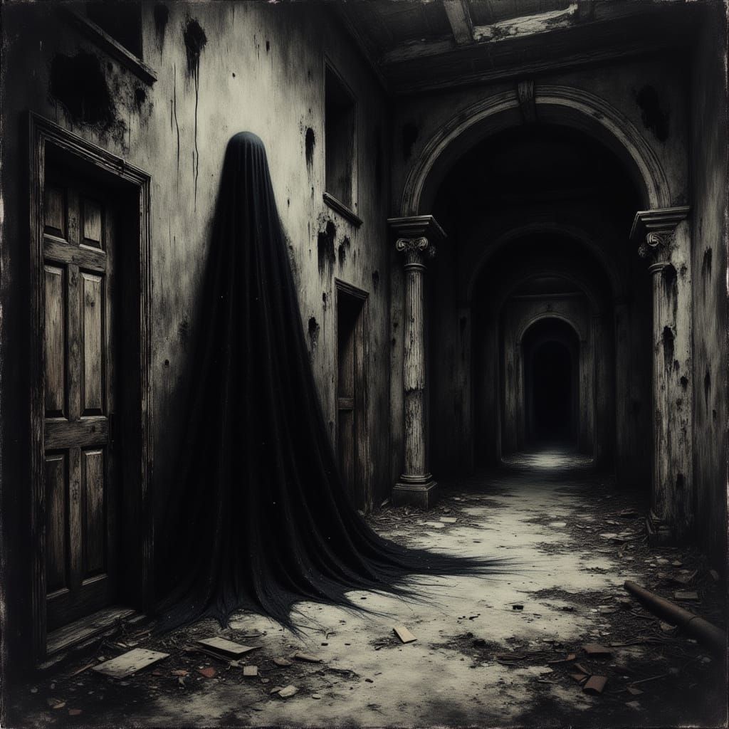 Dark Elegance in a Haunting Asylum Scene