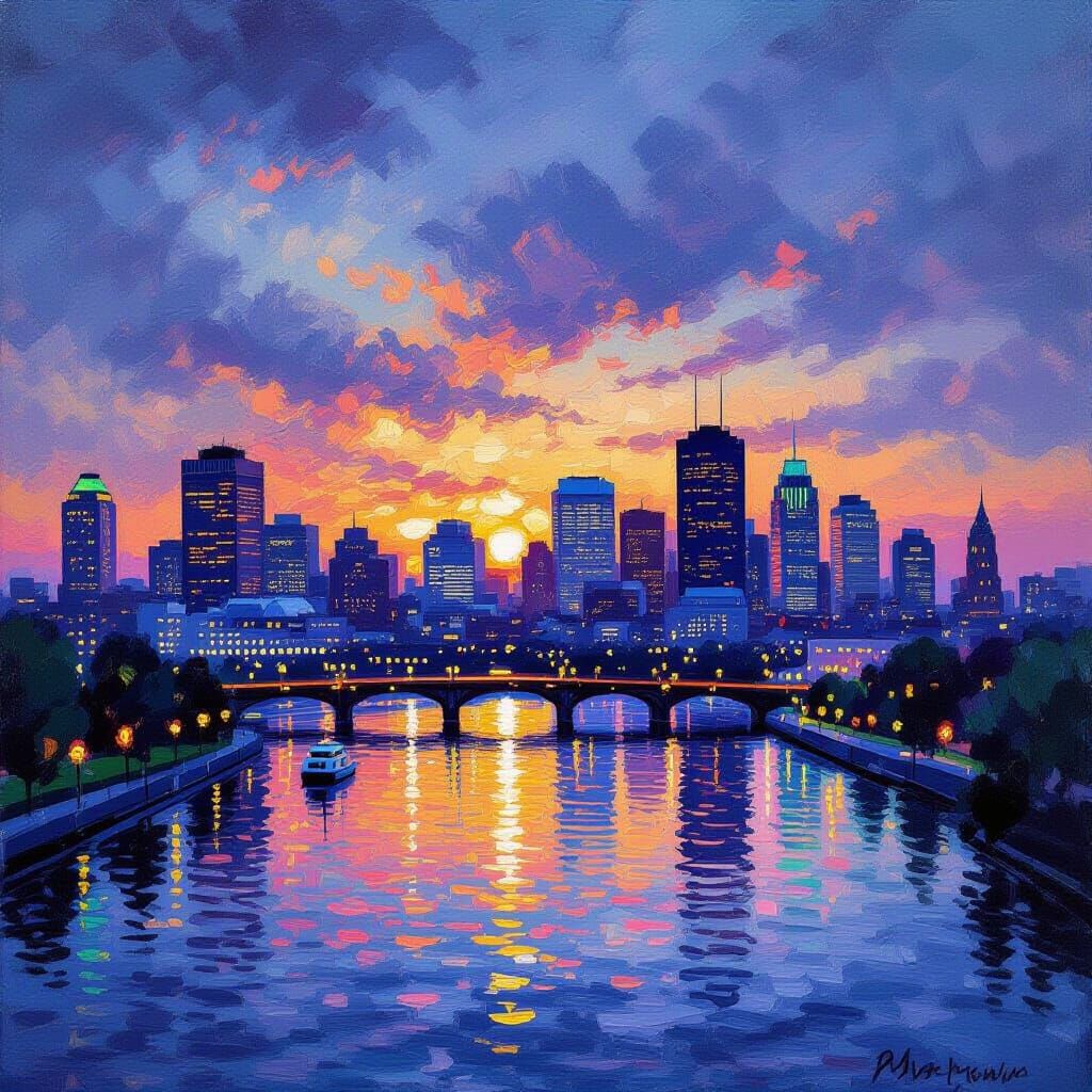 Montreal Skyline at Dusk in Impressionist Style
