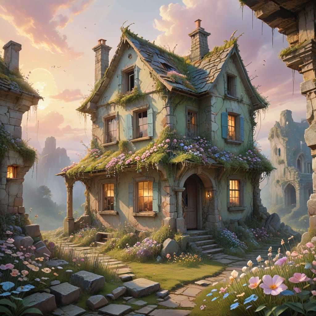 Dreamy Pastel Ruins with Blooming Flowers