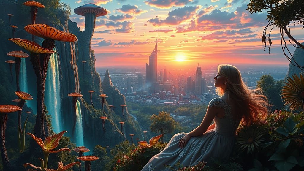 Alien World Sunset: Bioluminescent Flora and Futuristic City