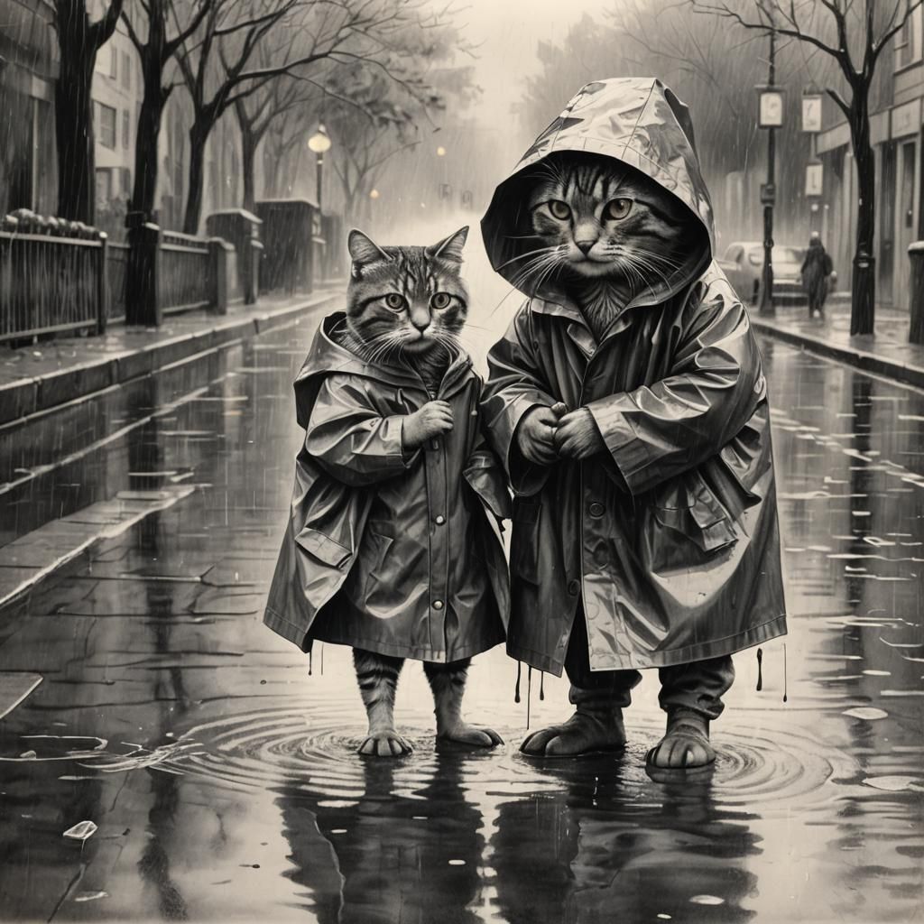 Duck Helps Cat in Raincoat: Charcoal Drawing