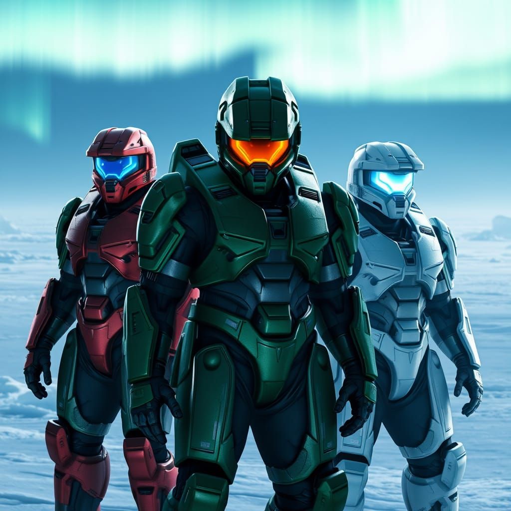 Halo Spartans in Antarctica Under Aurora Borealis