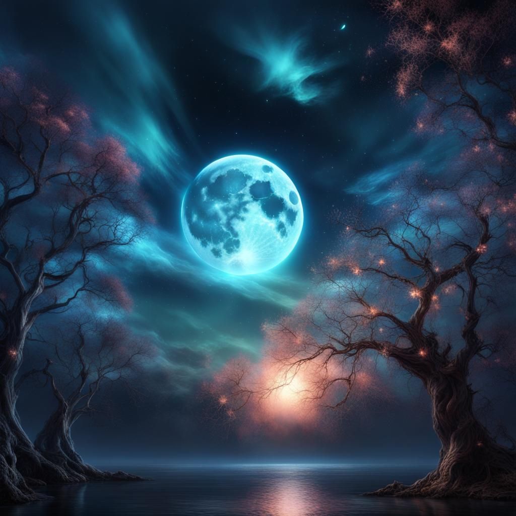 Ethereal Spirit Gazing at Bioluminescent Moon