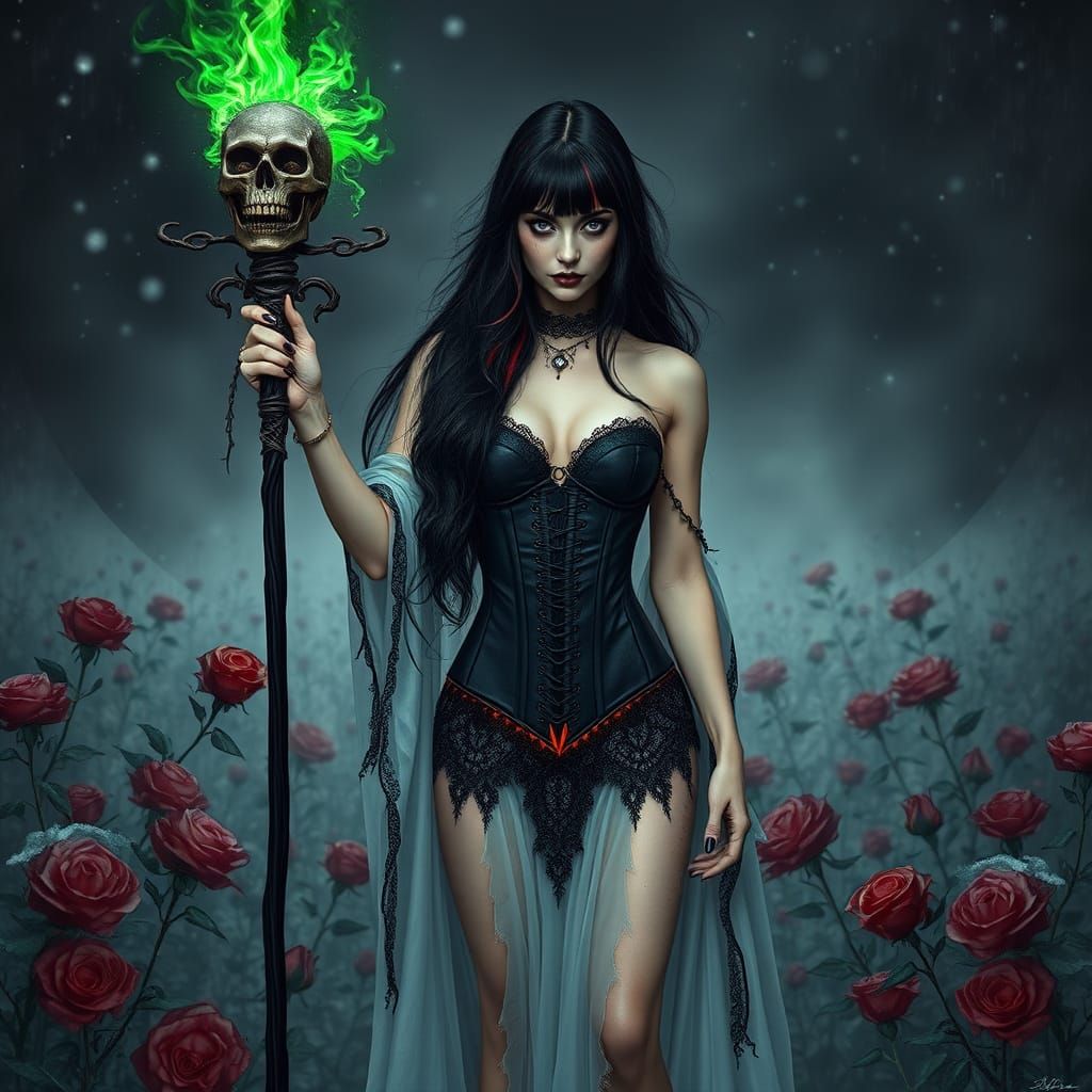Goth Sorceress in Ashen Vale, Digital Art