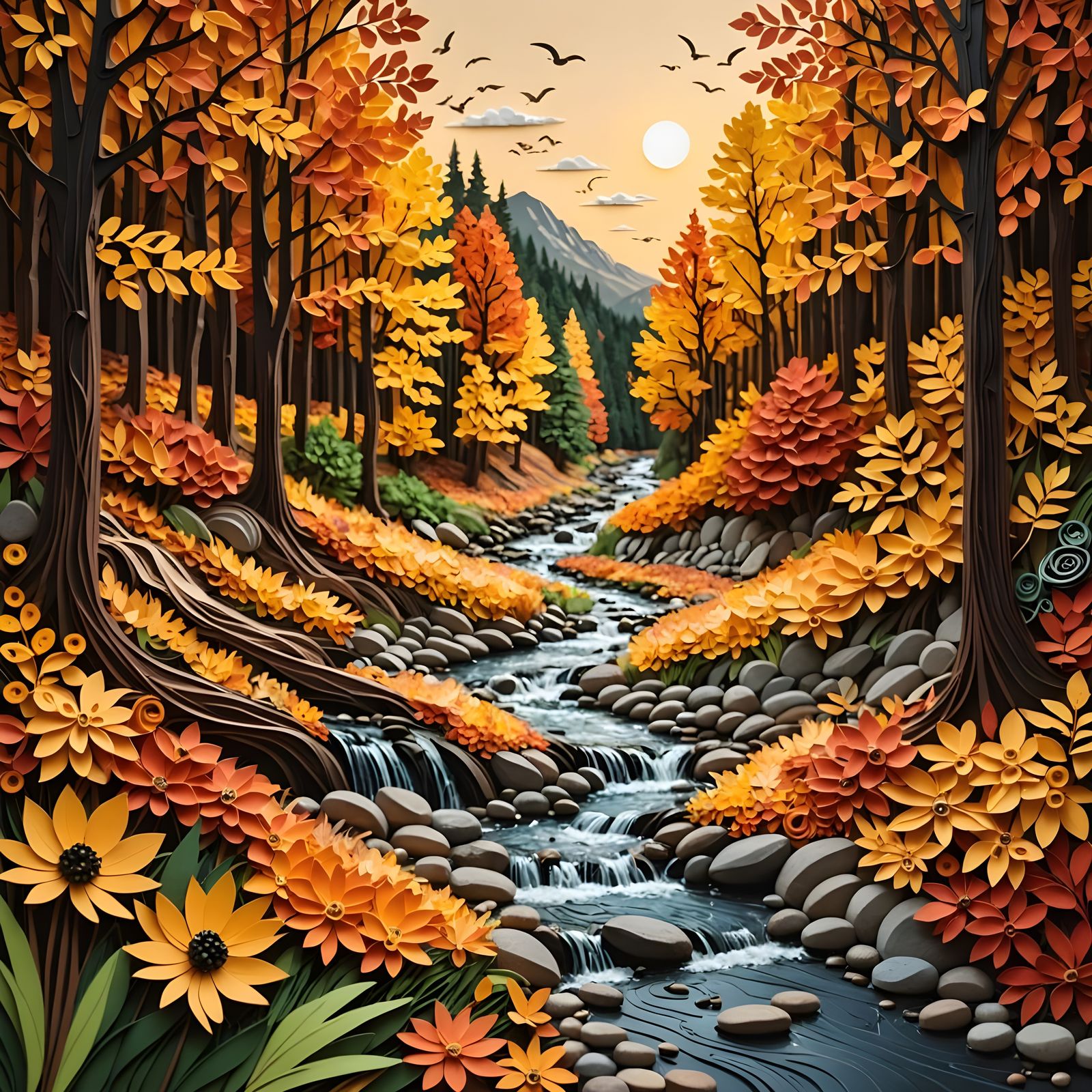 Autumn Woods Quilling Collage Art in Golden Light