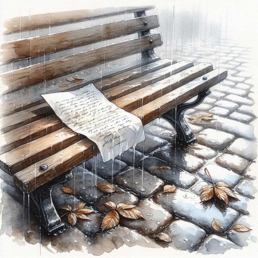 Melancholic Goodbye: Rain-Soaked Letter on Park Bench