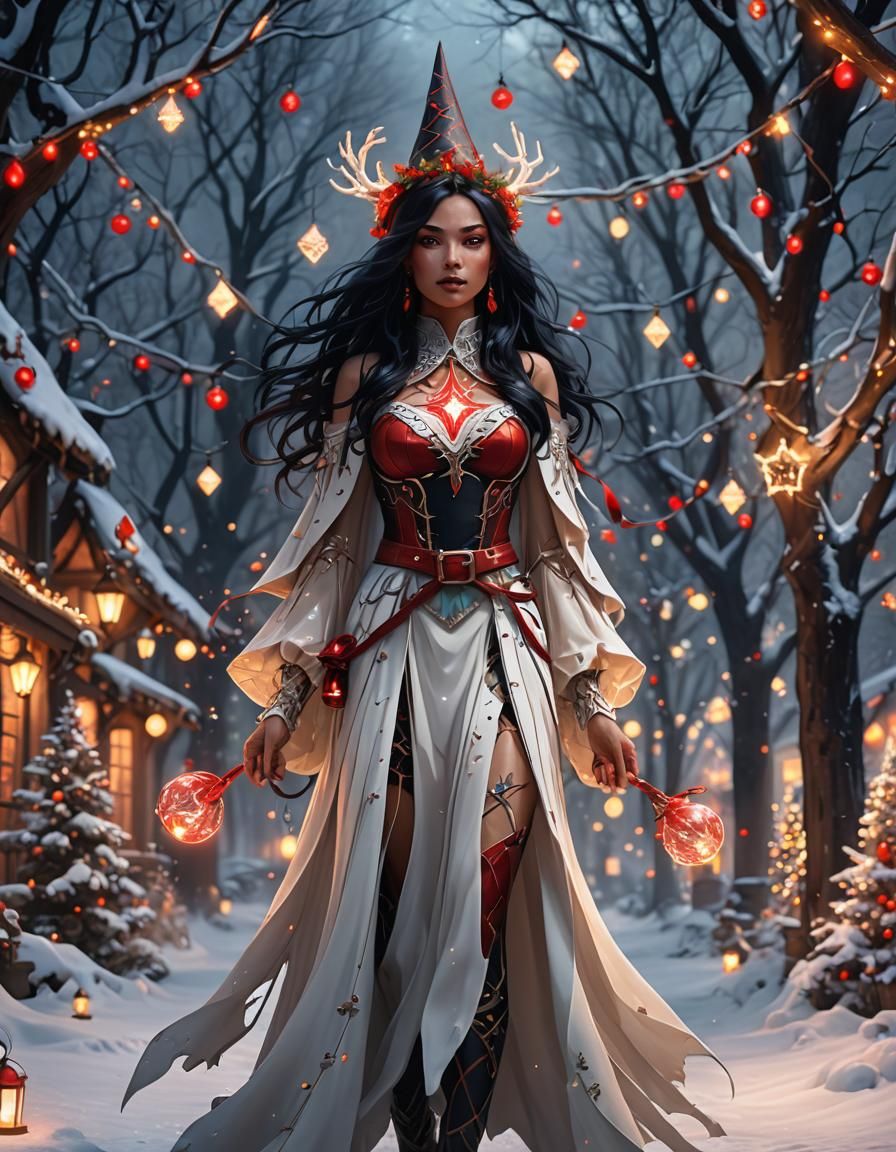 Magical Winter Witch with Christmas Lights