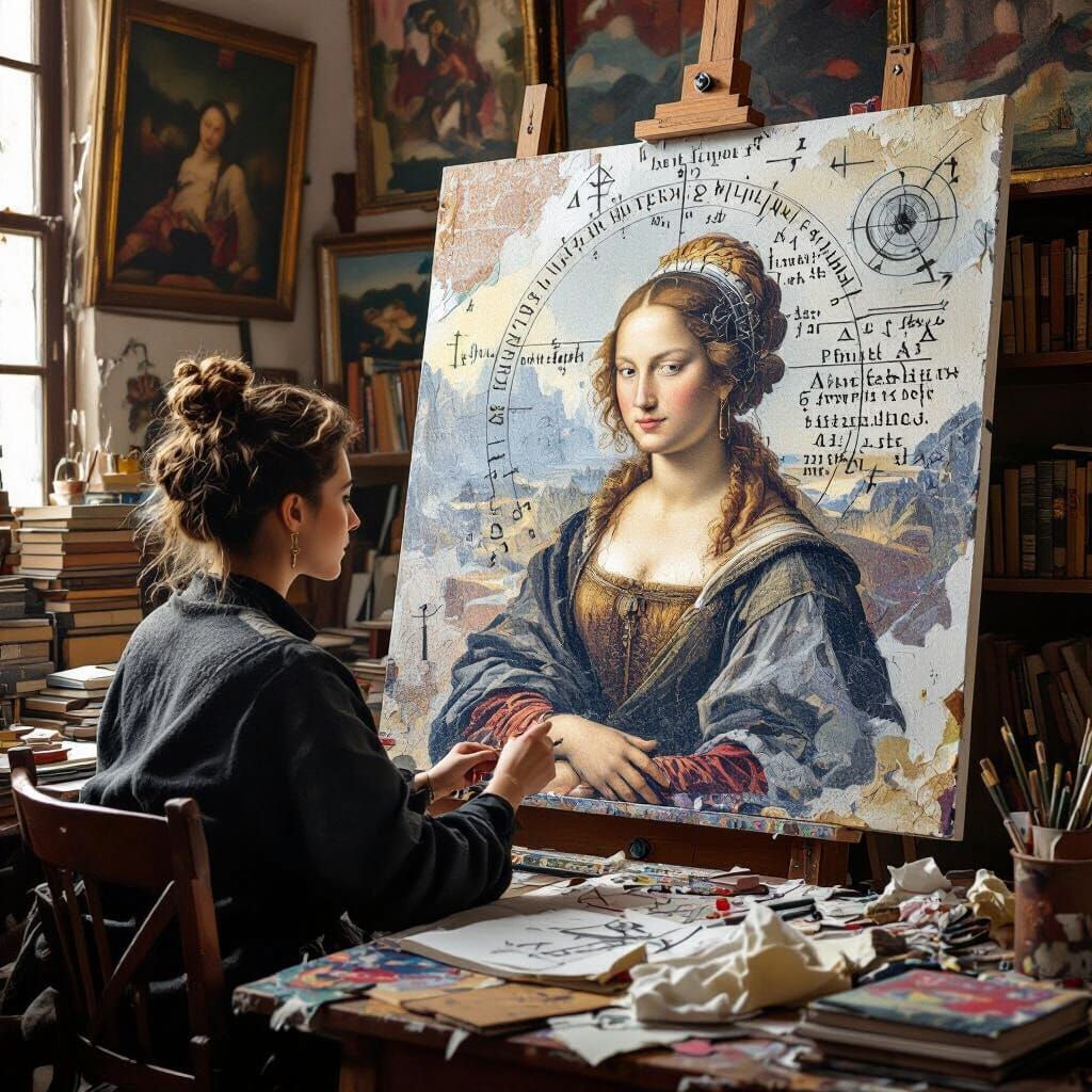 Renaissance Artist in Cluttered Studio with Encaustic Textur...