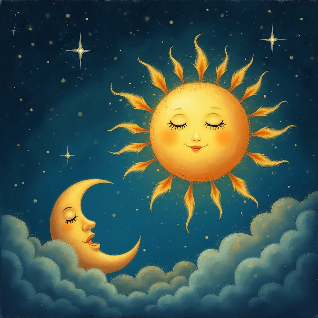 Dreamy Night Sky with Golden Sun and Glowing Moon
