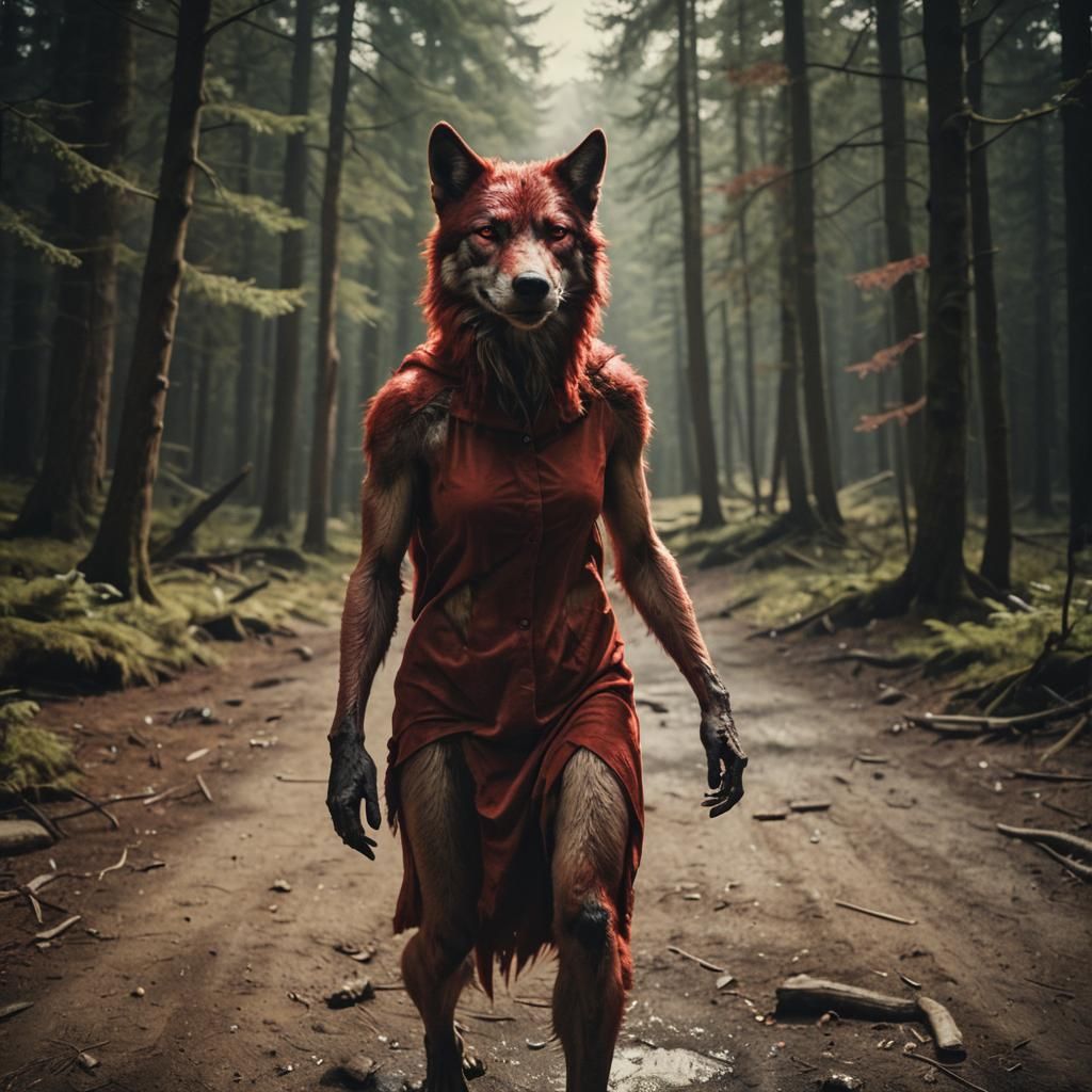 Dramatic Red Female Werewolf: Cinematic Film Still