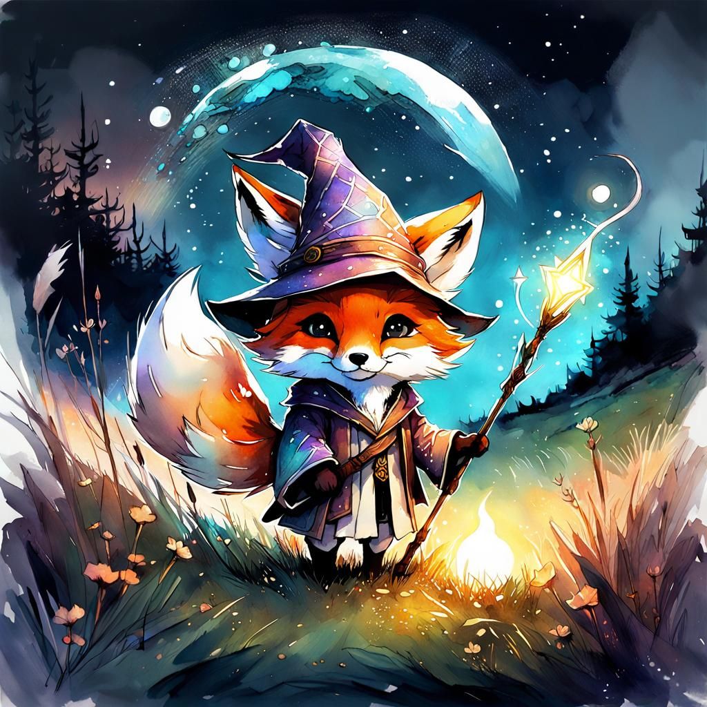 Cute Fox Wizard's Nighttime Magic Trick