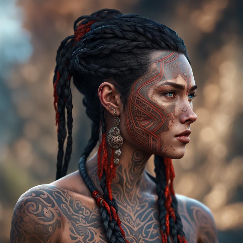 Vietnamese Warrior Portrait with Braids and Tribal Tattoos