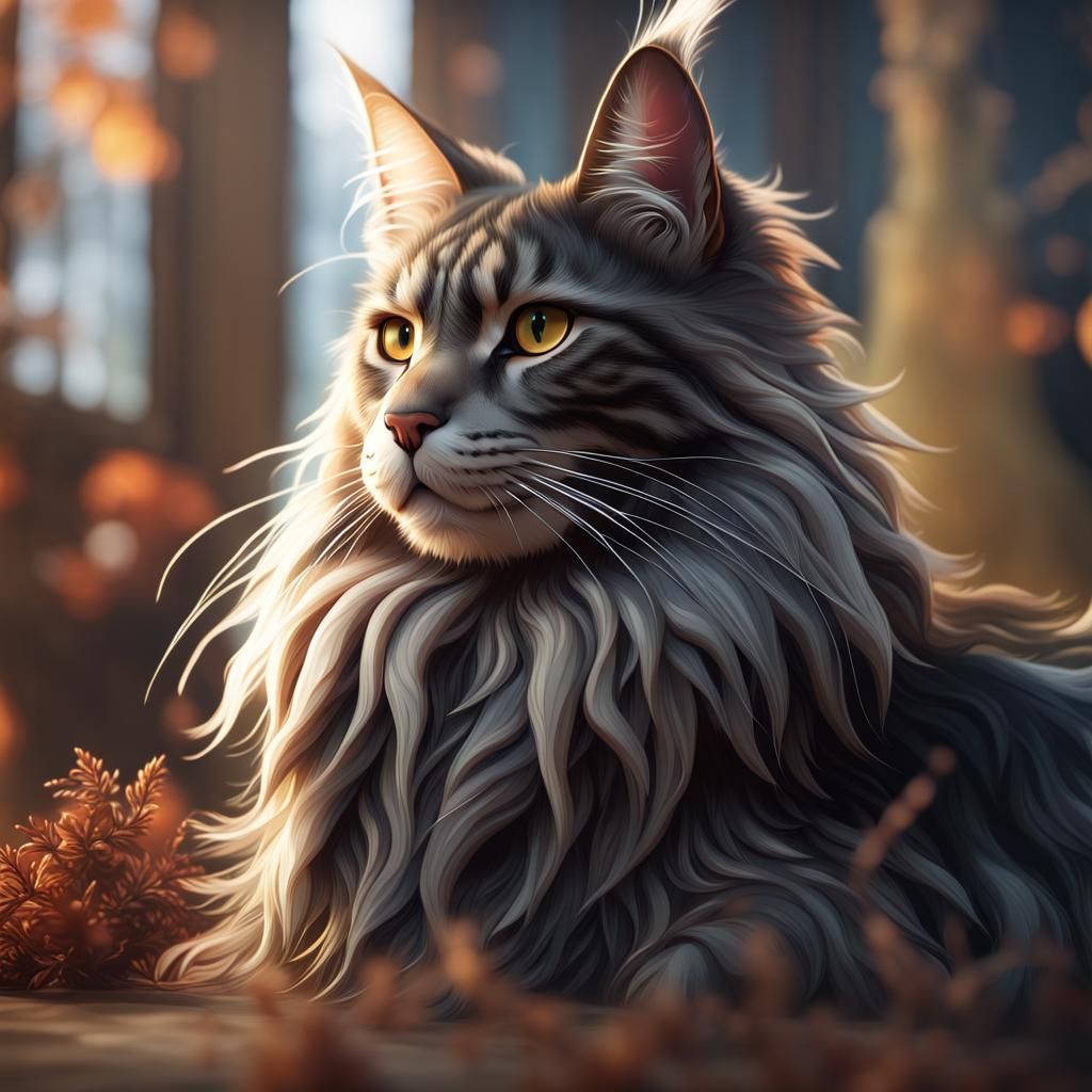 Majestic Maine Coon Cat in Detailed Digital Painting