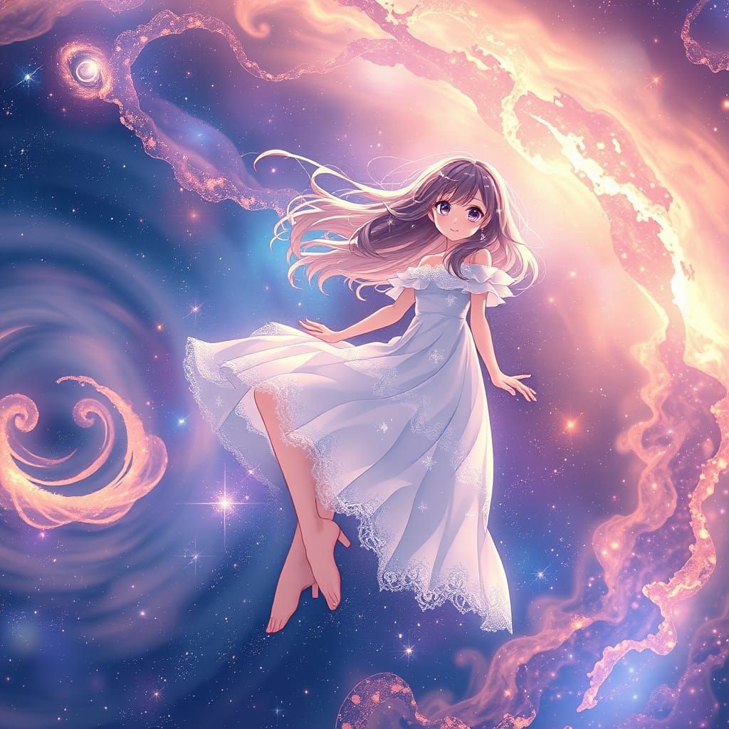 Celestial Anime Girl in Cosmic Stardust Dreamscape