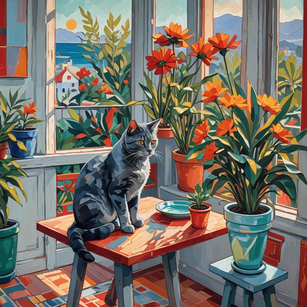 Fauvist Cat Portrait with Geometric Shapes and Bold Colors