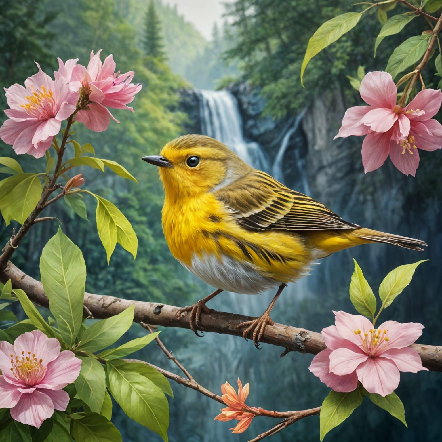 Whimsical Warbler in Vibrant Gouache Masterpiece