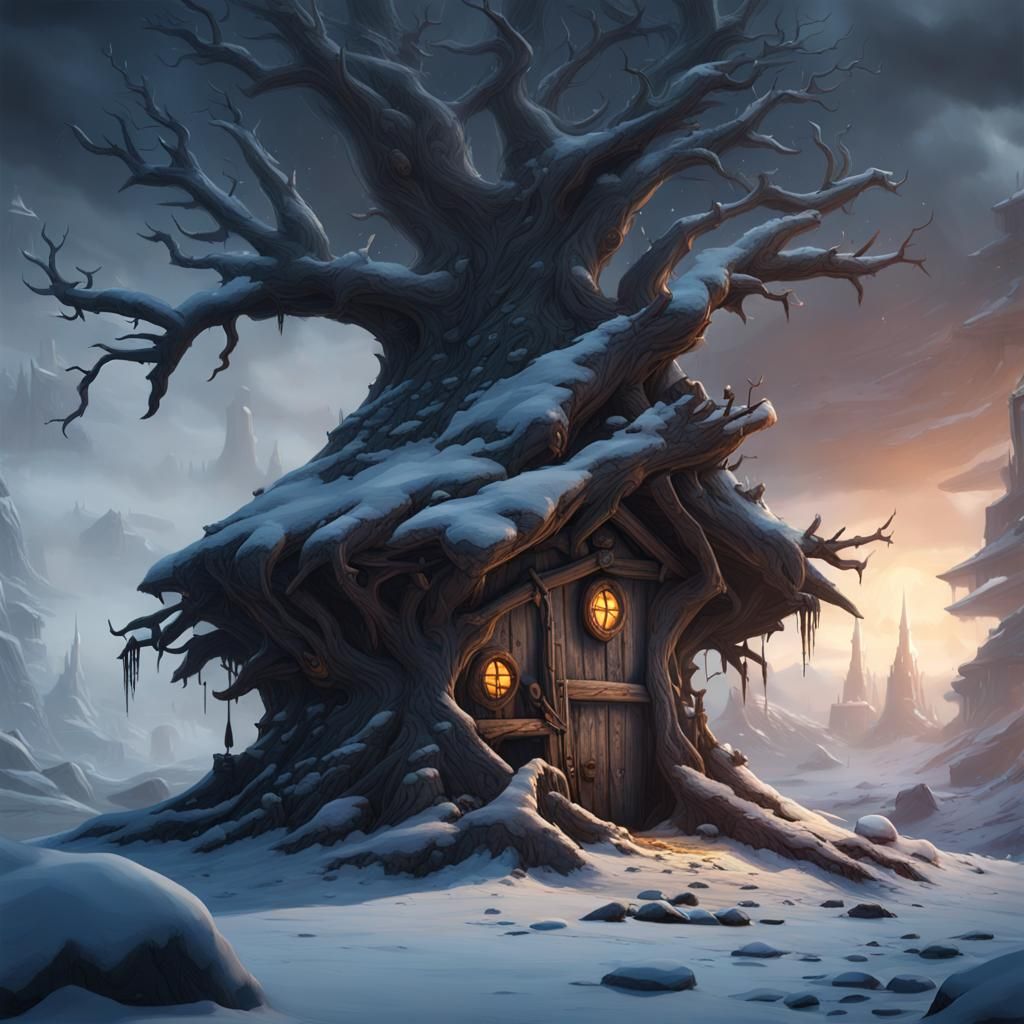Creepy Viking Witch Hut in Dead Tree, Dark Fantasy