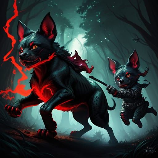 Fantasy Creatures Run Through Dark Forest in Digital Art