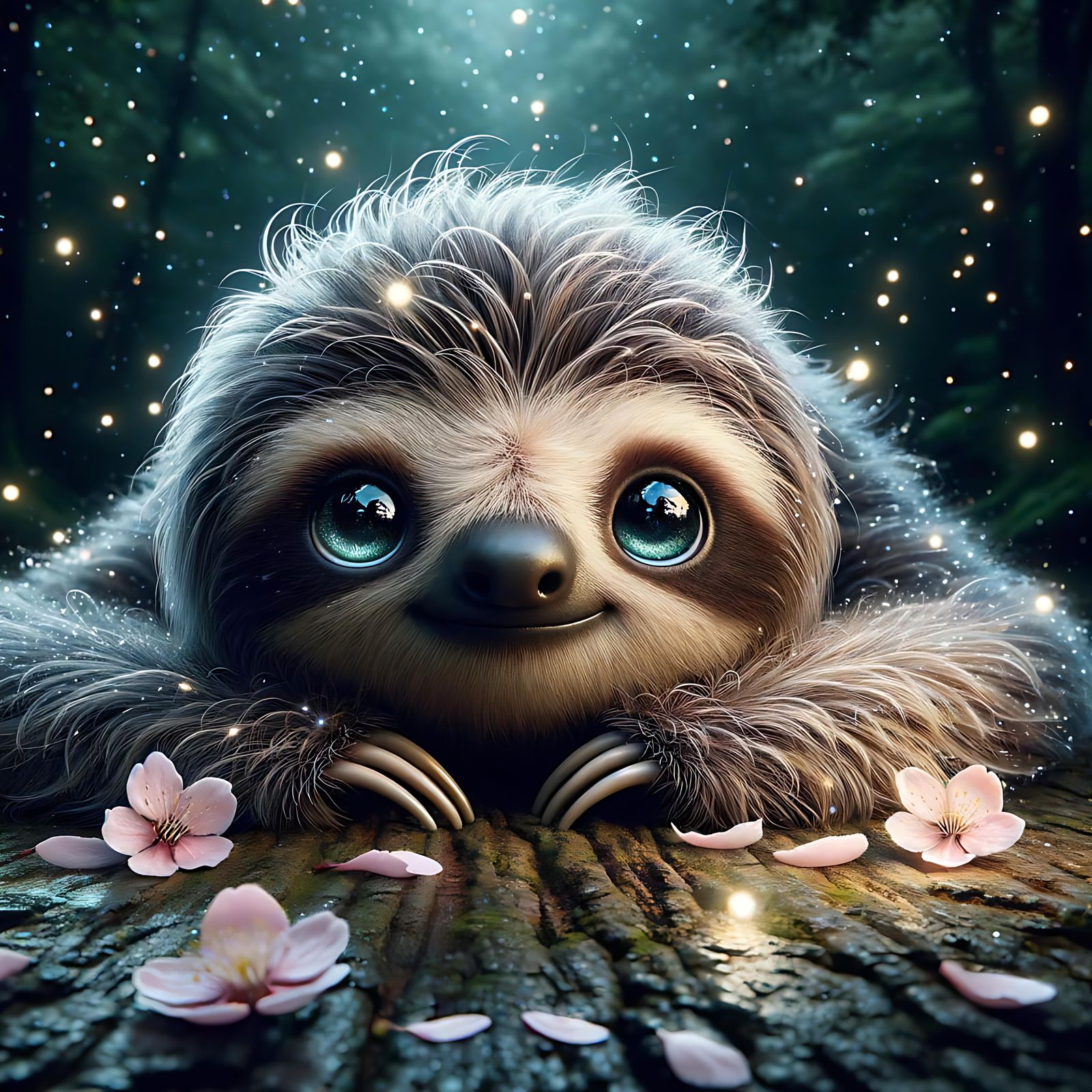 Hyperrealistic Sloth with Fireflies and Sakura Petals