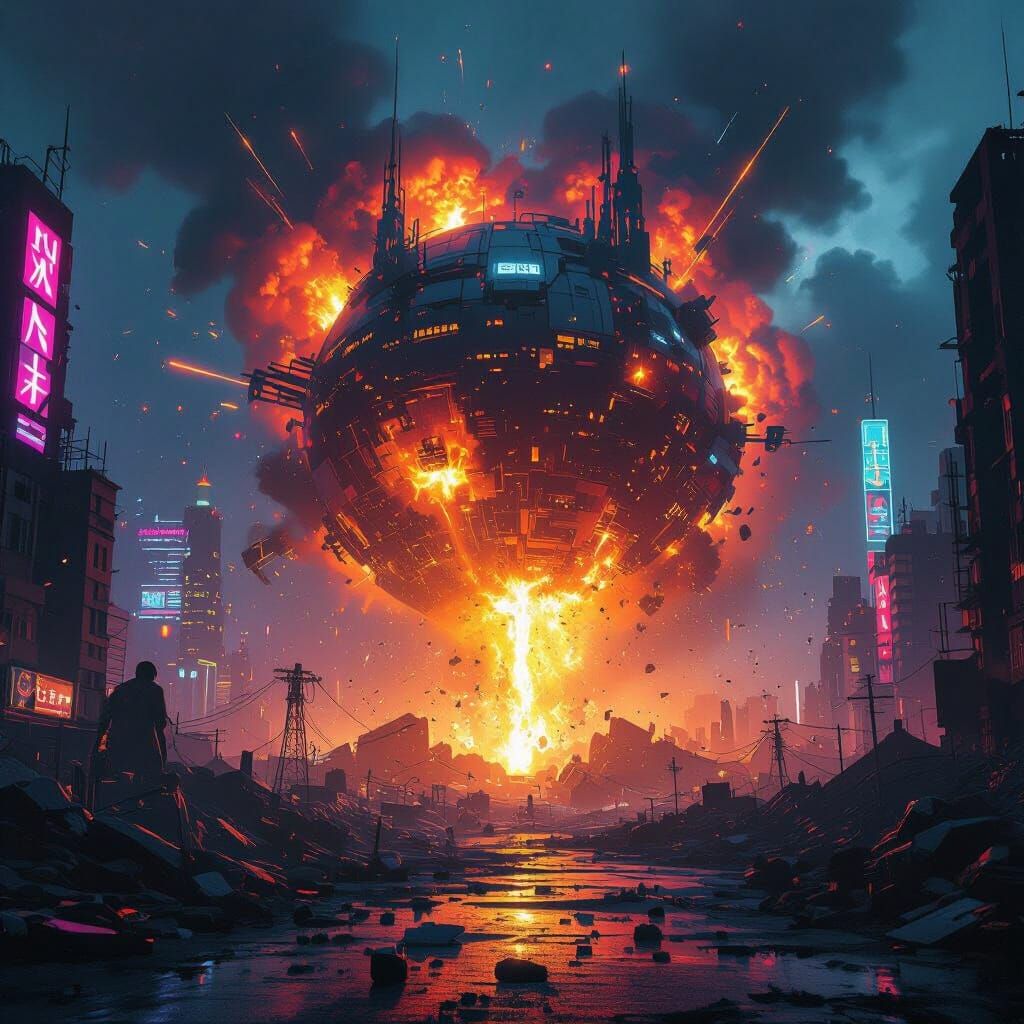 Cyberpunk Fortress Engulfed in Fireball