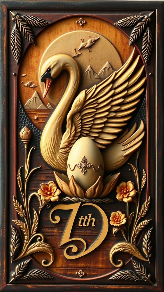 Swan Guards Crystal Egg: Leather Relief Sculpture