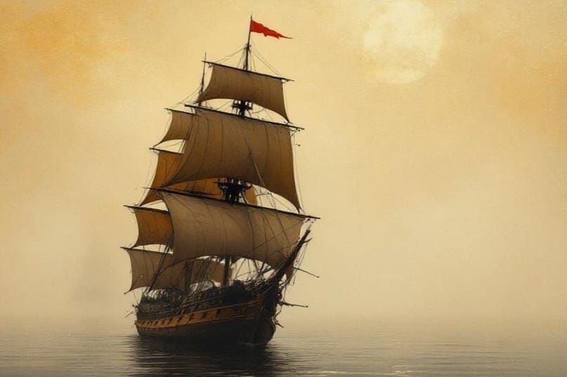 Sailing Ship in Misty Coastal Scene, Pointillism Style